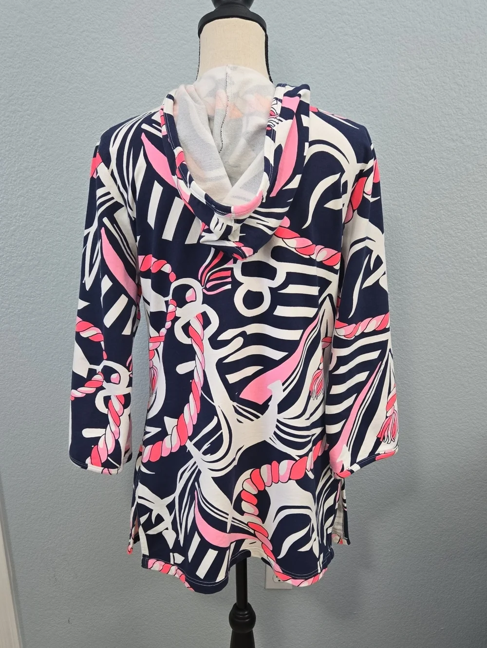 BARBARA GERWIT Cover Up Tunic Top Hoodie Anchor Rope Print Large Pink Blue Retro